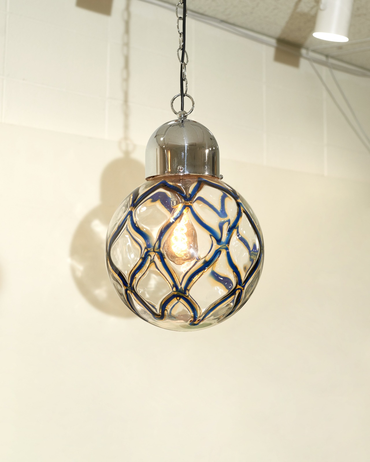 Mazzega Murano Opal Glass Chrome Pendant Lamp 60s